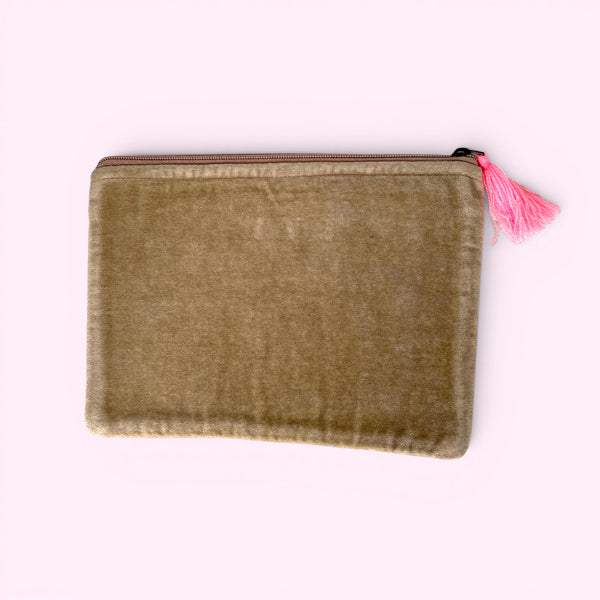 Embroidered Velvet Make Up Bag | Everyday Pouch | Good Vibes in Beige and Pinks