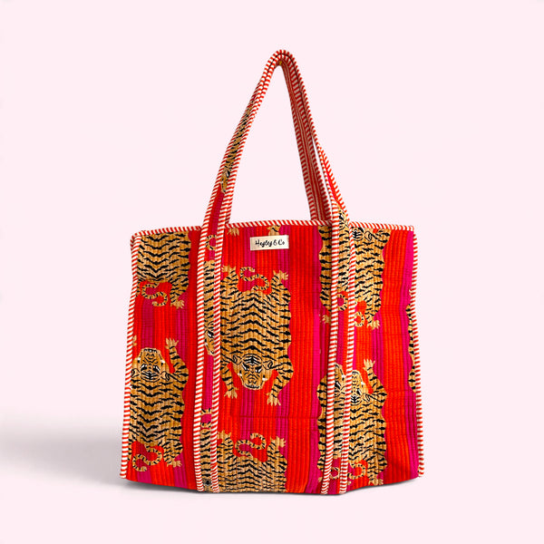 Pink and Orange Tiger Print Quilted Cotton Tote Bag