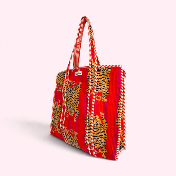 Pink and Orange Tiger Print Quilted Cotton Tote Bag