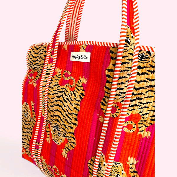 Pink and Orange Tiger Print Quilted Cotton Tote Bag