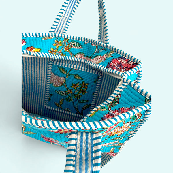Small Tote Bag with Detachable Long Strap - Turquoise Flower