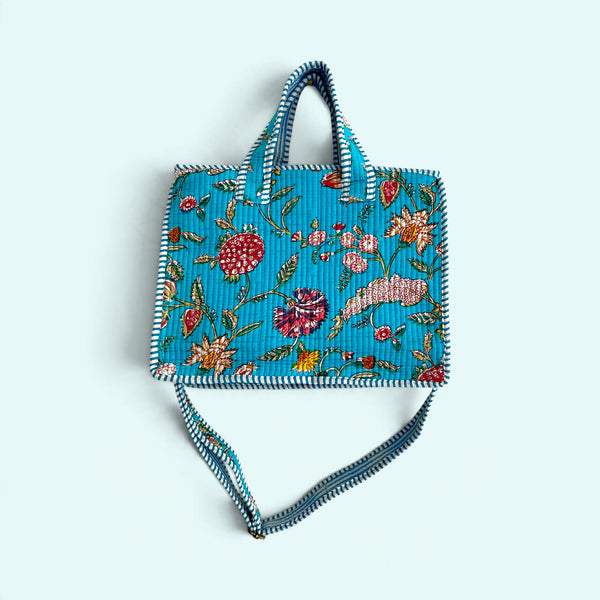 Small Tote Bag with Detachable Long Strap - Turquoise Flower