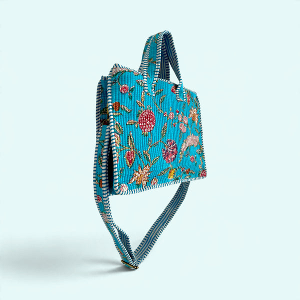 Small Tote Bag with Detachable Long Strap - Turquoise Flower
