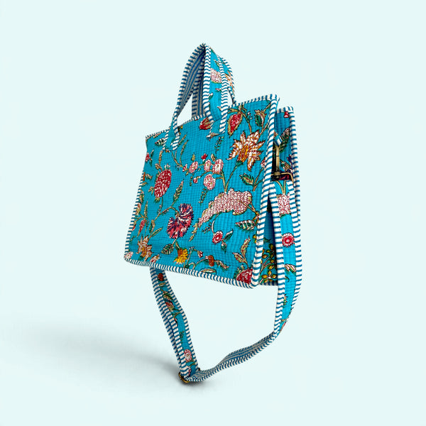 Small Tote Bag with Detachable Long Strap - Turquoise Flower