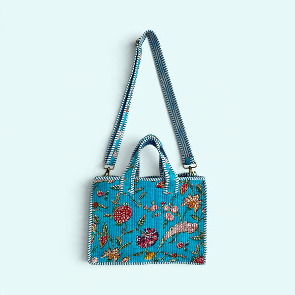 Small Tote Bag with Detachable Long Strap - Turquoise Flower