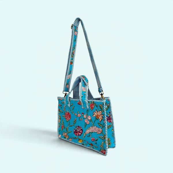 Small Tote Bag with Detachable Long Strap - Turquoise Flower
