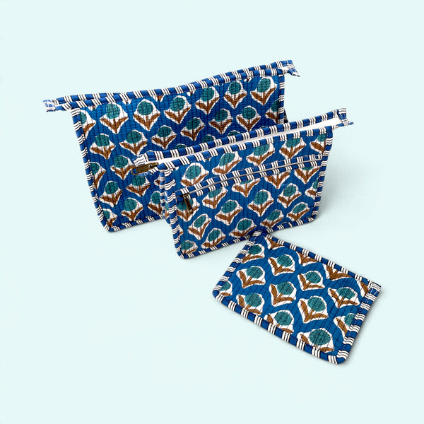 Set of Three Travel Washbags - Blue and Turquoise Floral