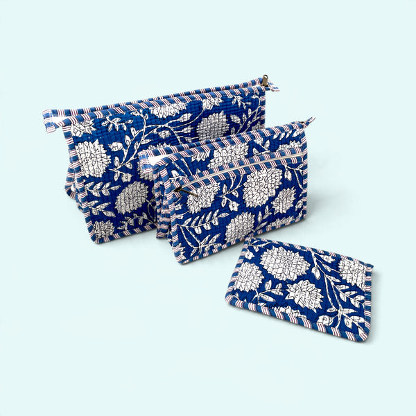 Set of Three Travel Washbags - Blue and White Floral