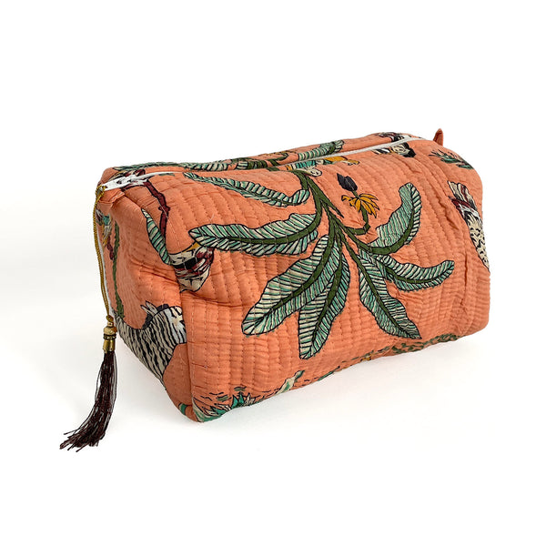 Jungle Print Cotton Washbag, Make Up Bag, Pencil Case with Waterproof Lining - Jungle Animal Print in Peach