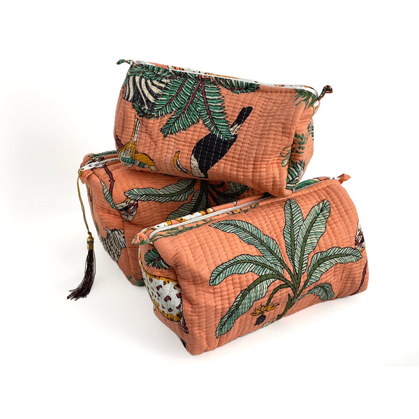 Jungle Print Cotton Washbag, Make Up Bag, Pencil Case with Waterproof Lining - Jungle Animal Print in Peach