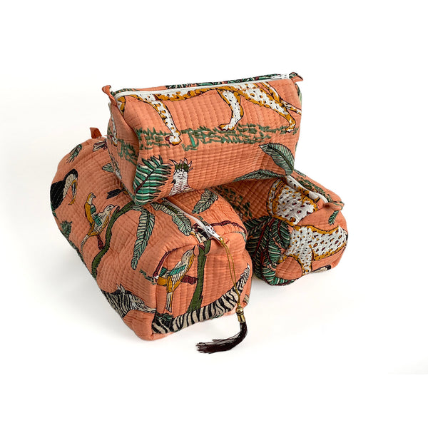 Jungle Print Cotton Washbag, Make Up Bag, Pencil Case with Waterproof Lining - Jungle Animal Print in Peach
