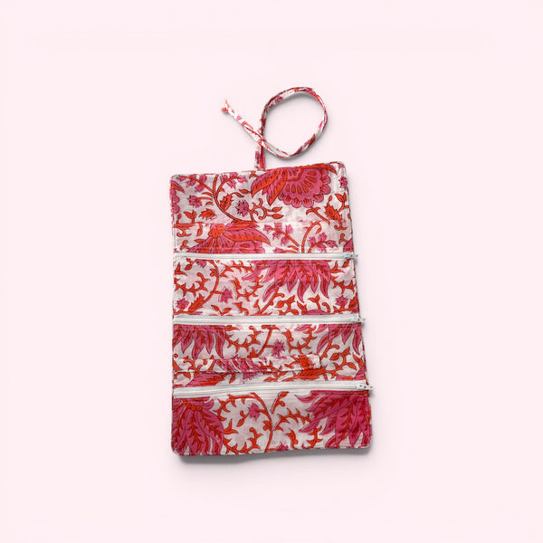 Cotton Jewellery Roll - Coral Pink and White Floral