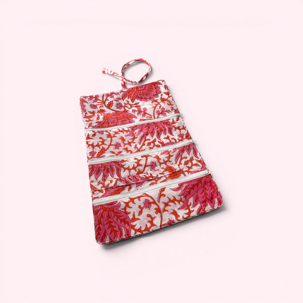 Cotton Jewellery Roll - Coral Pink and White Floral