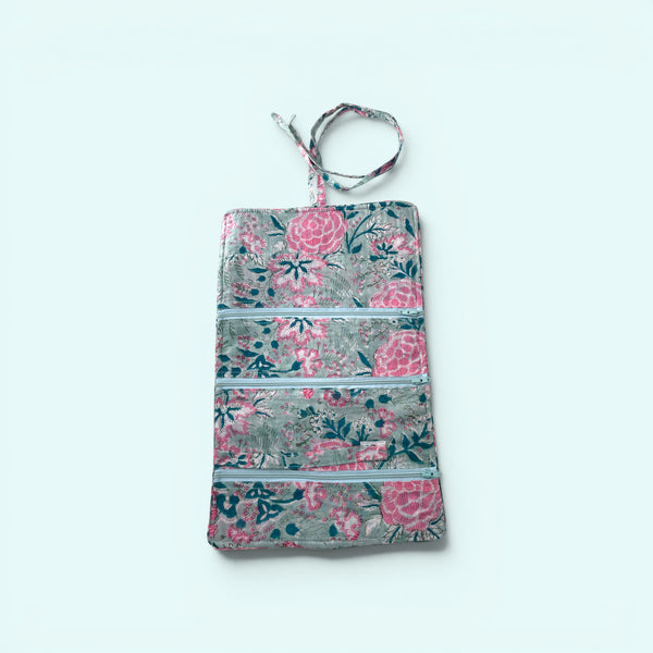 Cotton Jewellery Roll - Ditsy Duck Egg Blue and Pink Floral