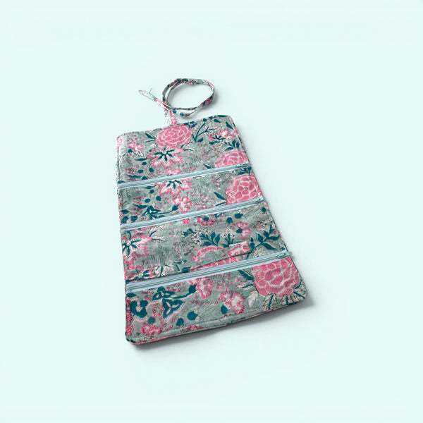 Cotton Jewellery Roll - Ditsy Duck Egg Blue and Pink Floral