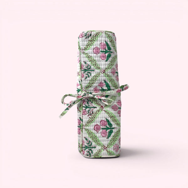 Cotton Jewellery Roll - Green and Pink Block Print Floral