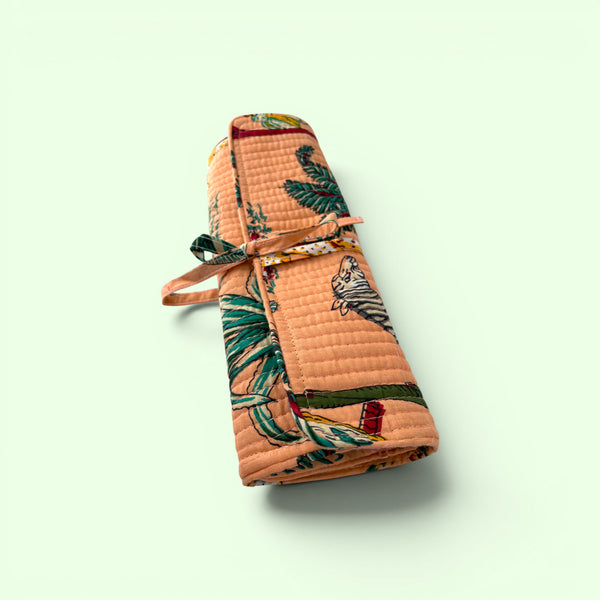 Cotton Jewellery Roll - Jungle Animal Print in Peach