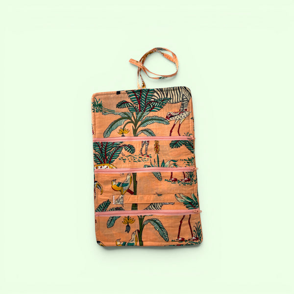 Cotton Jewellery Roll - Jungle Animal Print in Peach