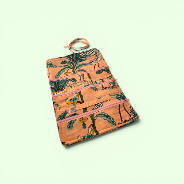Cotton Jewellery Roll - Jungle Animal Print in Peach