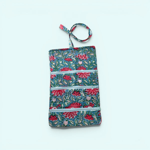 Cotton Jewellery Roll - Teal and Pink Floral