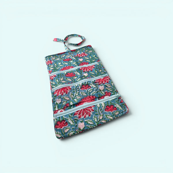 Cotton Jewellery Roll - Teal and Pink Floral