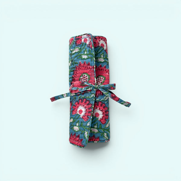 Cotton Jewellery Roll - Teal and Pink Floral