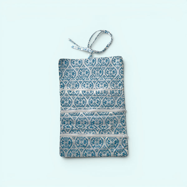 Cotton Jewellery Roll - Light Blue and White Block Print