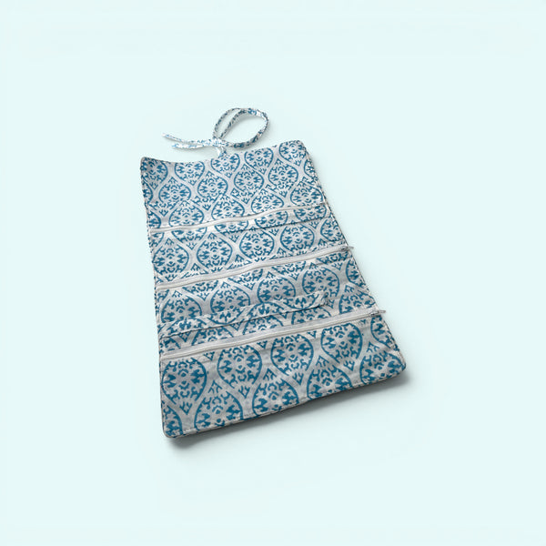 Cotton Jewellery Roll - Light Blue and White Block Print