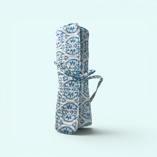 Cotton Jewellery Roll - Light Blue and White Block Print