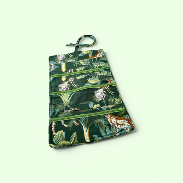 Cotton Jewellery Roll - Wild Animal Print in Green