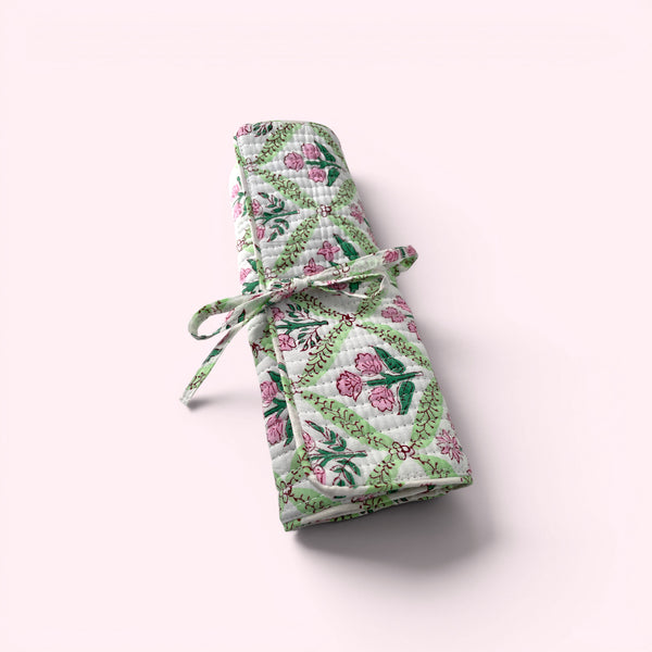 Cotton Jewellery Roll - Green and Pink Block Print Floral