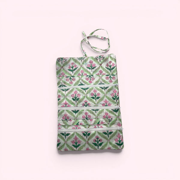 Cotton Jewellery Roll - Green and Pink Block Print Floral