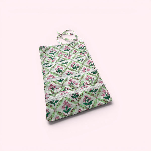 Cotton Jewellery Roll - Green and Pink Block Print Floral