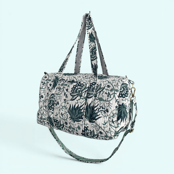 Large Weekend Duffle Bag | Teal Block Print Floral