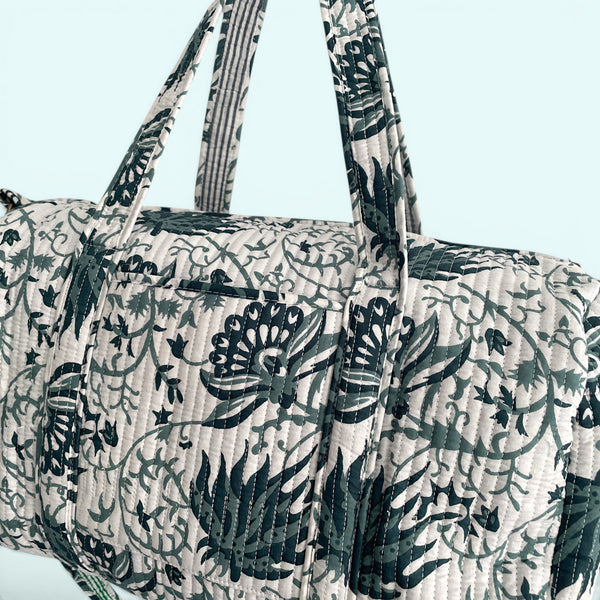 Large Weekend Duffle Bag | Teal Block Print Floral