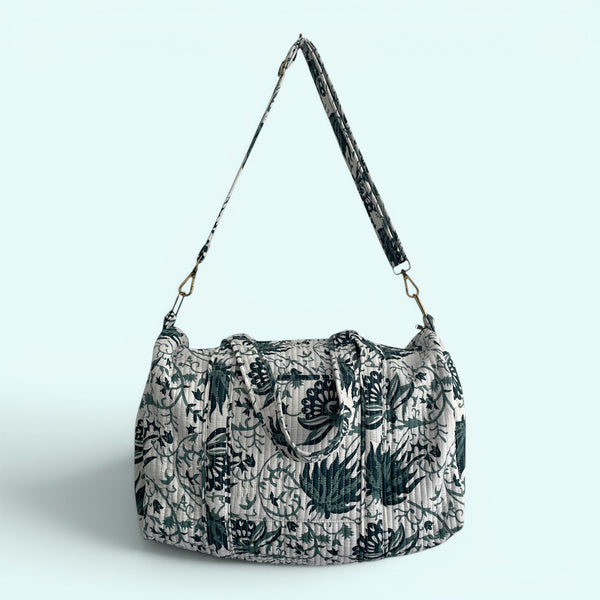 Large Weekend Duffle Bag | Teal Block Print Floral