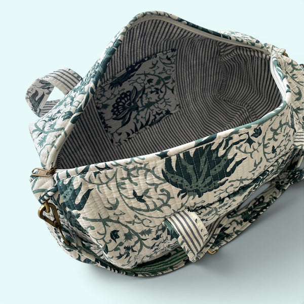 Large Weekend Duffle Bag | Teal Block Print Floral