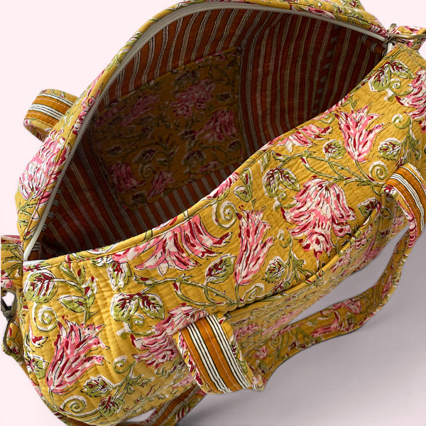 Large Weekend Duffle Bag | Yellow Block Print Floral