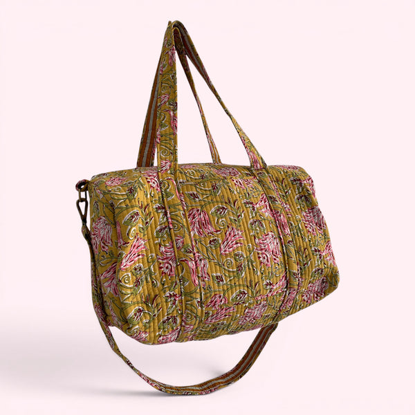 Large Weekend Duffle Bag | Yellow Block Print Floral