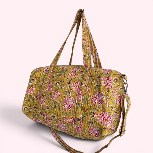 Large Weekend Duffle Bag | Yellow Block Print Floral