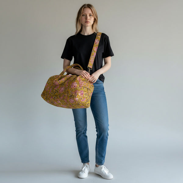 Large Weekend Duffle Bag | Yellow Block Print Floral