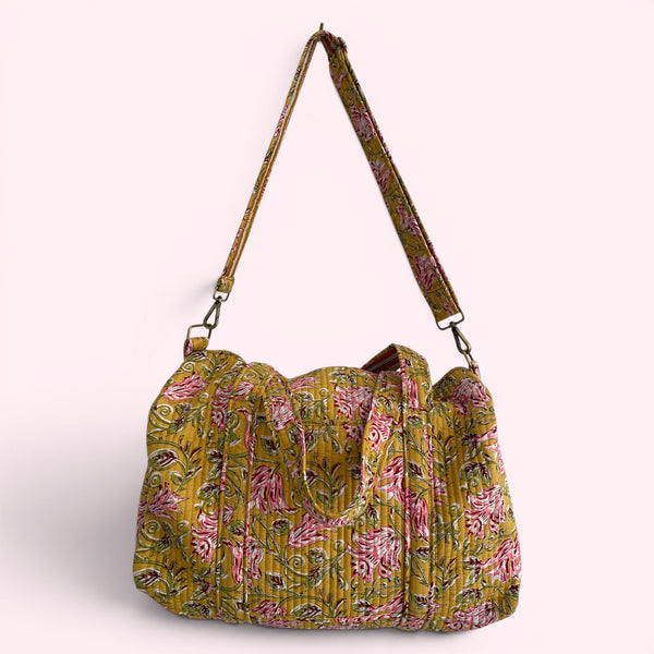 Large Weekend Duffle Bag | Yellow Block Print Floral
