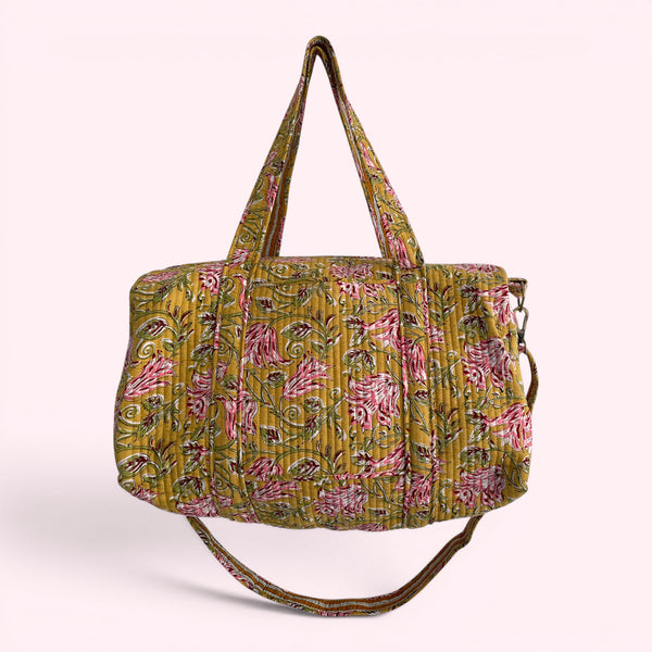 Large Weekend Duffle Bag | Yellow Block Print Floral