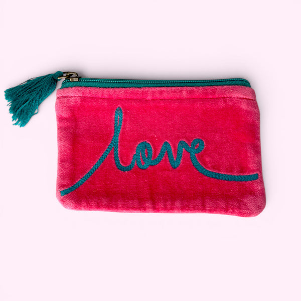 Embroidered Velvet Coin Purse | Love in Pink and Teal
