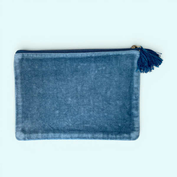 Embroidered Velvet Make Up Bag | Everyday Pouch | Allium Seedhead Floral in Navy Blue