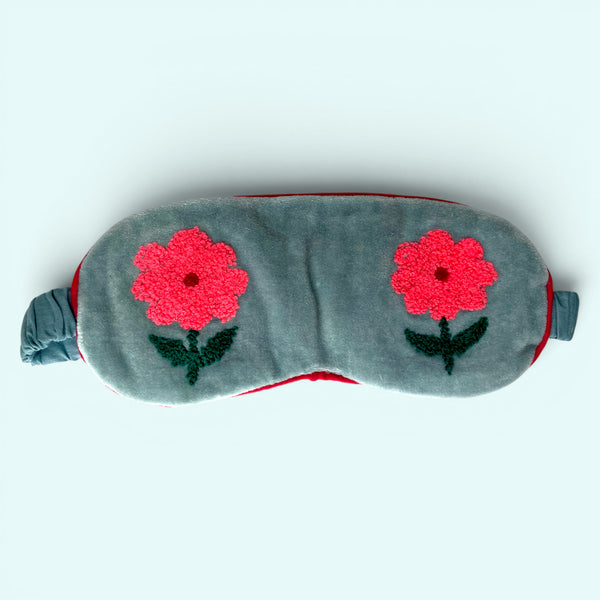 Embroidered Velvet and Cotton Eye Mask | Pale Blue Flower