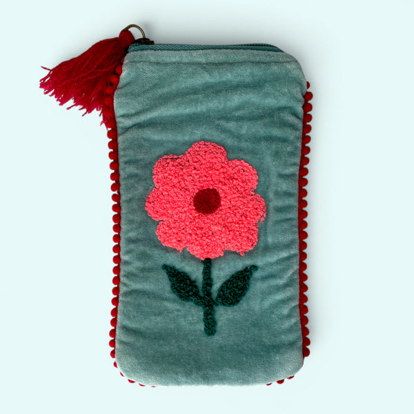 Embroidered Velvet Glasses Case | Pale Blue flower