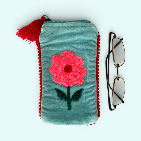 Embroidered Velvet Glasses Case | Pale Blue flower