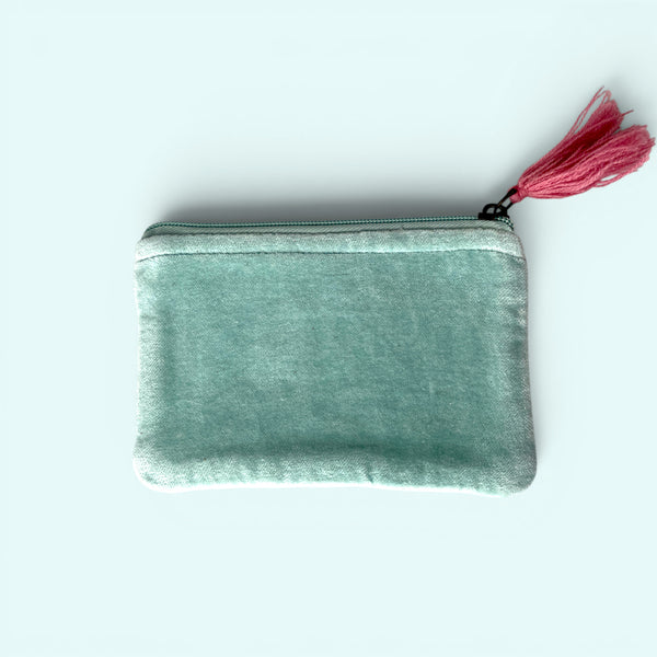 Embroidered Velvet Coin Purse | Pale Blue Garden Floral Design