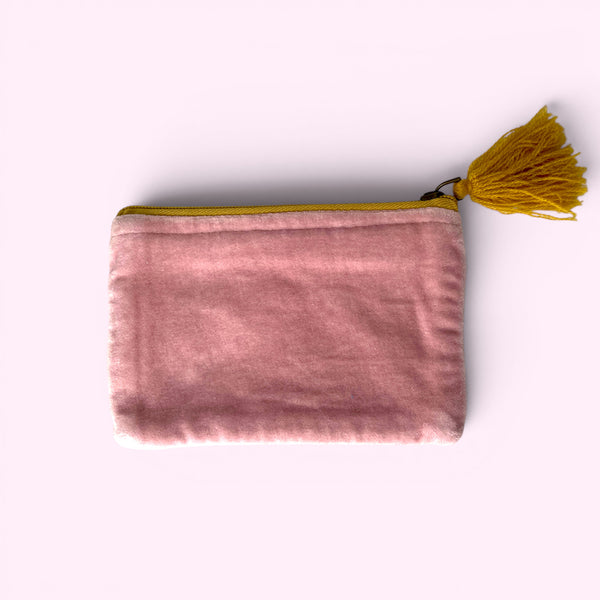 Embroidered Velvet Make Up Bag | Everyday Pouch | Mini Flowers Pale Pink and Blue